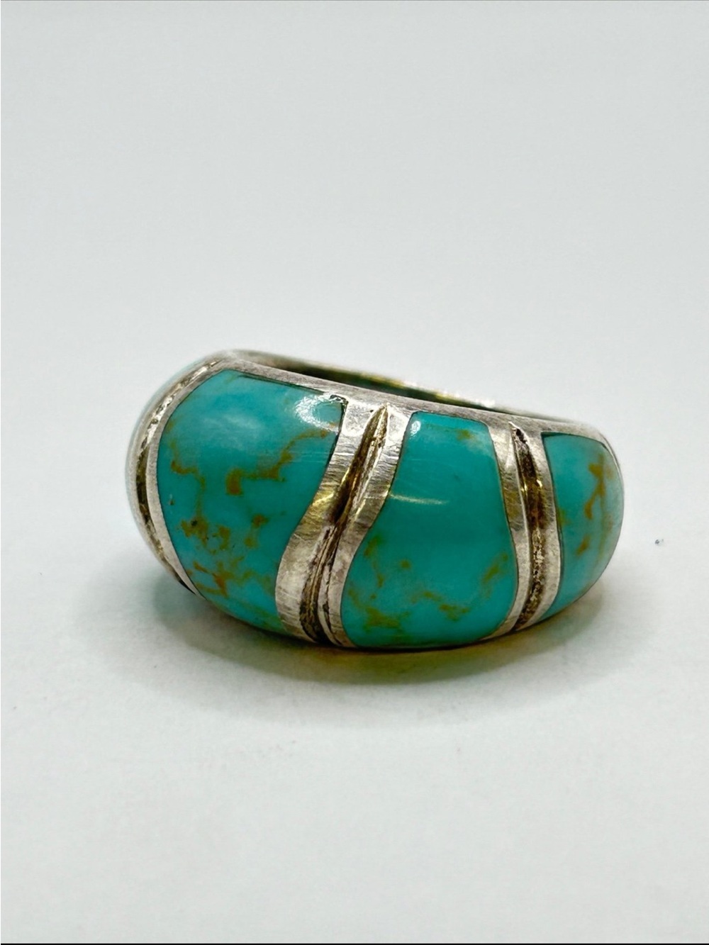 Sterling Silver Turquoise Inlay Dome Ring - Blue-Green 925 size 7 - Picture 4 of 5